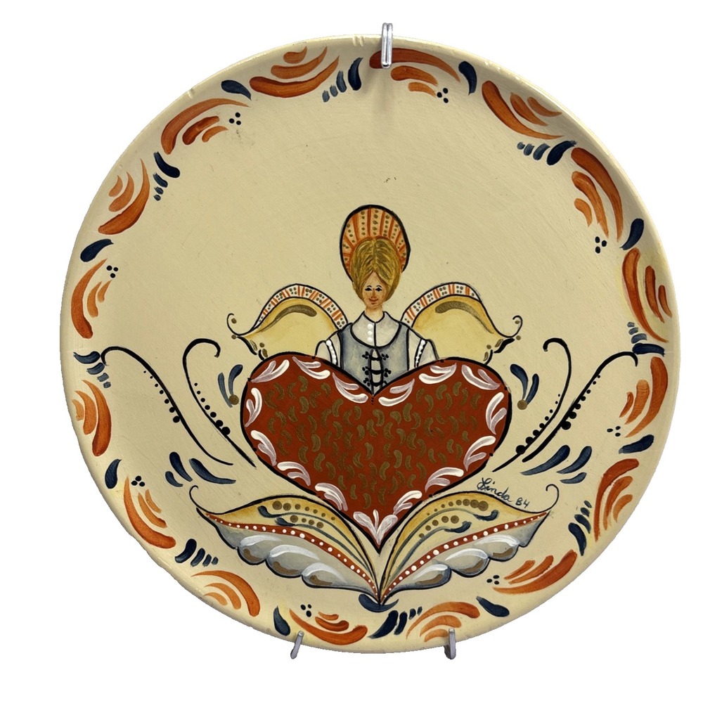 Vtg Angel Tole Folk Art HandPainted Wood Country Decor Heart Wallโ Plate 8" EUC